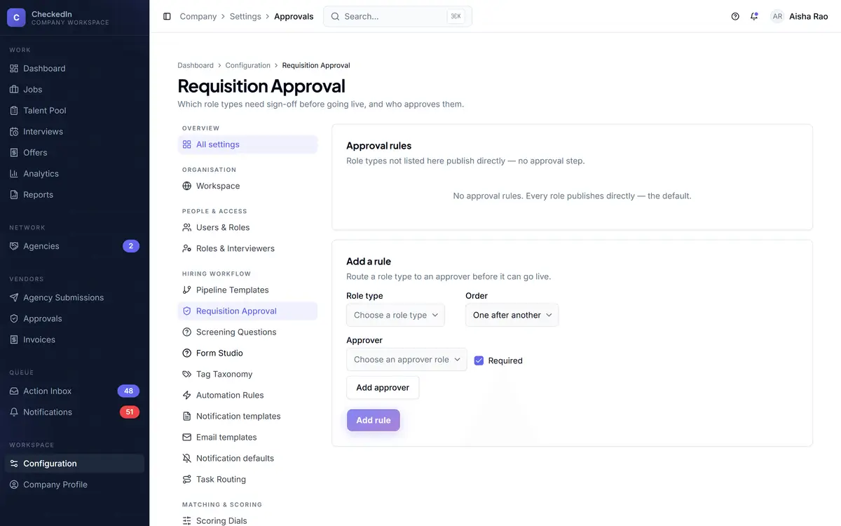 Requisition approval settings, showing which roles need sign-off before publishing