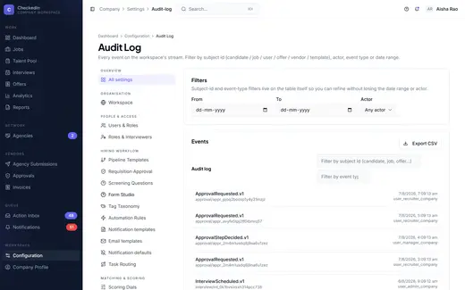 CheckedIn audit log screen