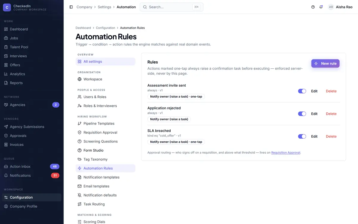 Automation rules settings, showing what runs without a human and what asks first