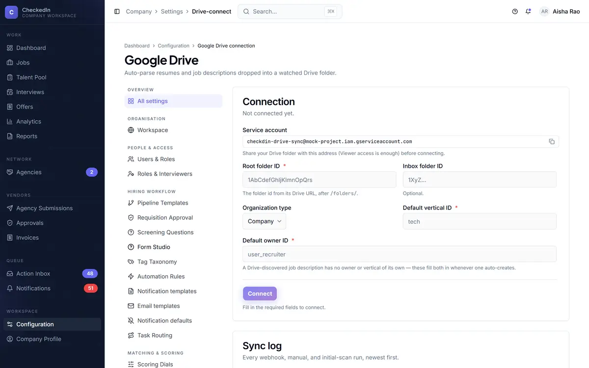 Connecting a watched Google Drive folder as a candidate intake channel