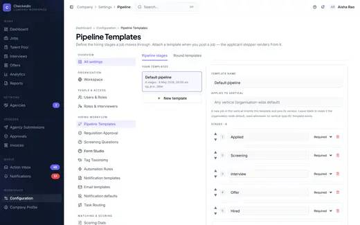 CheckedIn pipeline templates screen