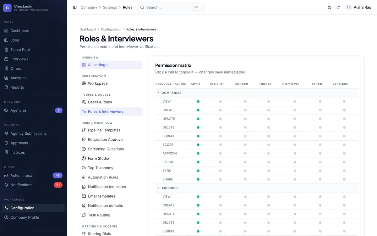 Role configuration, granting permissions per action rather than per role name
