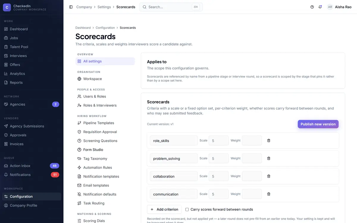 Scorecard configuration, showing the questions an interviewer answers per round