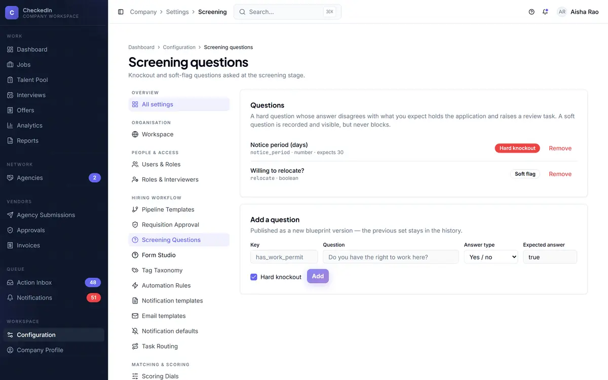 Screening question configuration, whose fields become the public apply form