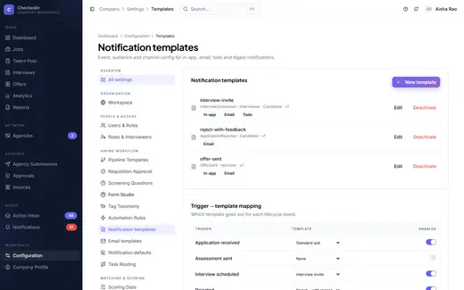 CheckedIn email templates screen