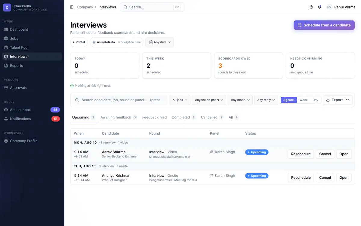 The interviews list, with rounds and their feedback state