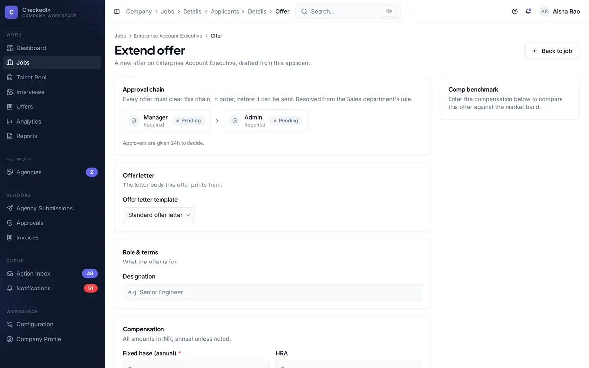 Drafting an offer against an applicant from a template