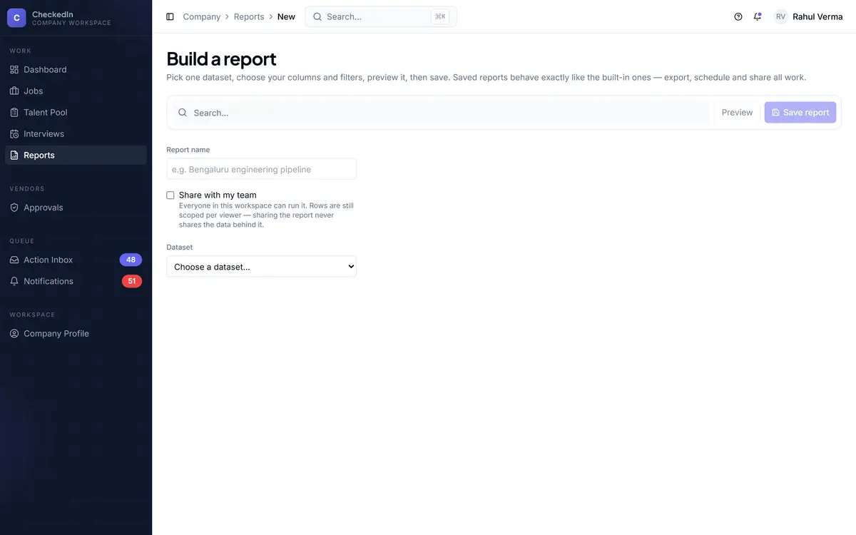 The report builder, picking a dataset then choosing columns and filters