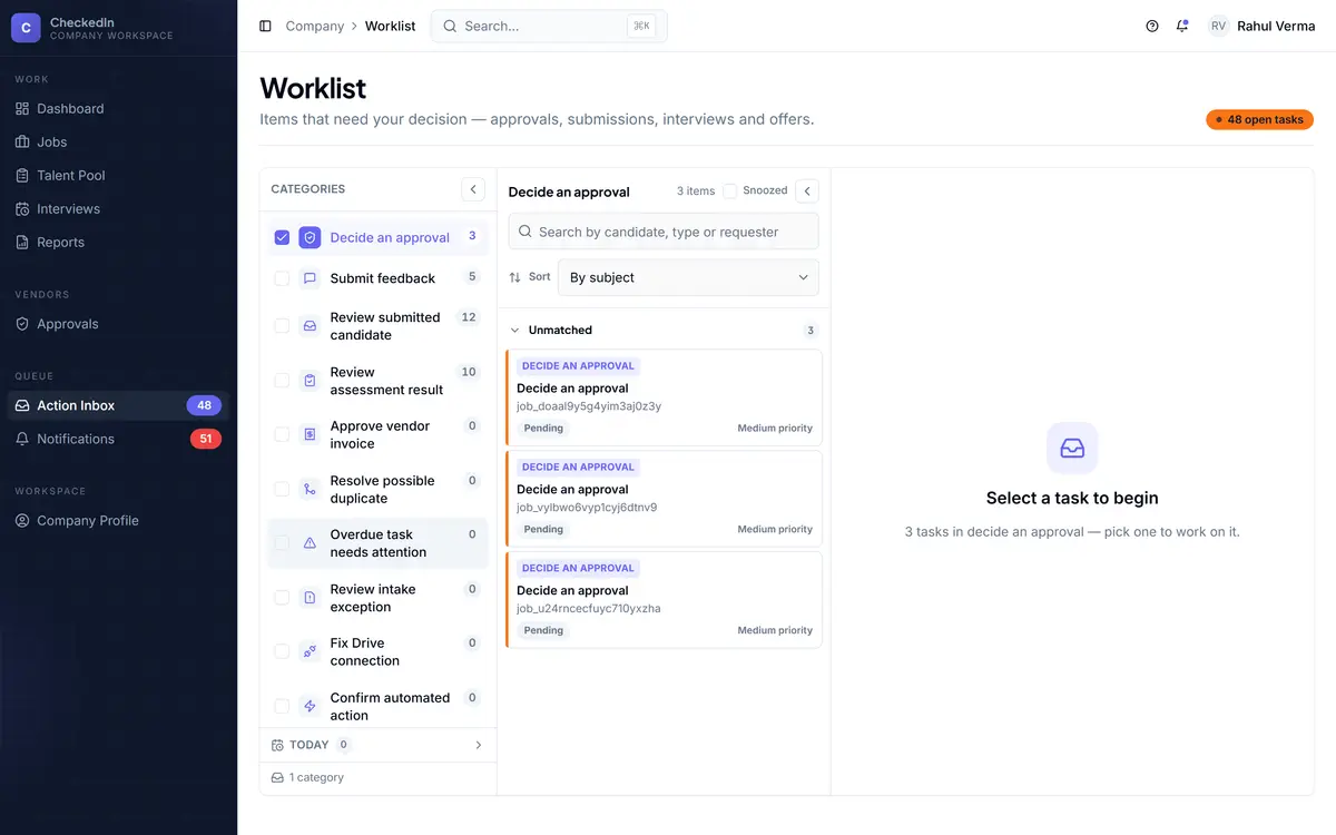 The Action Inbox queue, filterable by task type, with a count of what is open