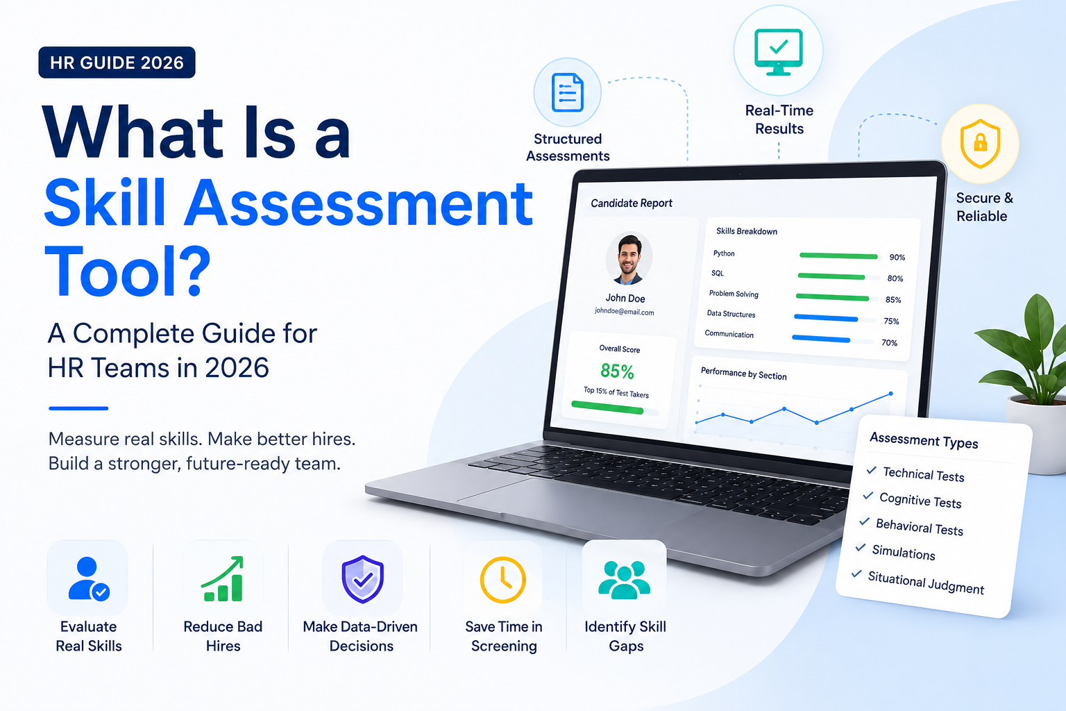 What is a skill assessment tool? A complete guide for HR teams in 2026: evaluate real skills, reduce bad hires, make data-driven decisions, save time in screening, and identify skill gaps, backed by structured assessments, real-time results, and secure, reliable scoring.